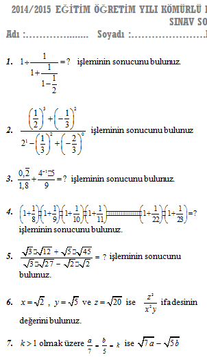 7.sınıf matematik 1.dönem 1.yazılı 2014-2015